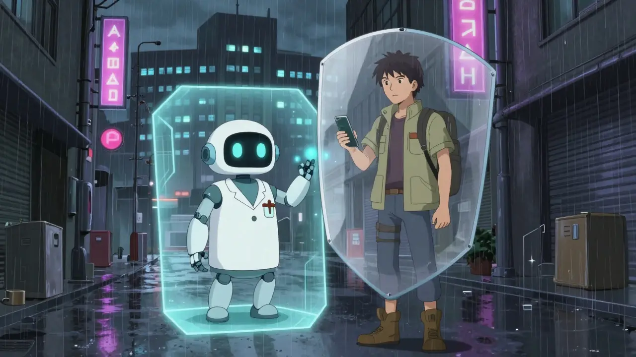 Traveler protected by tech shield with robot doctor avatar