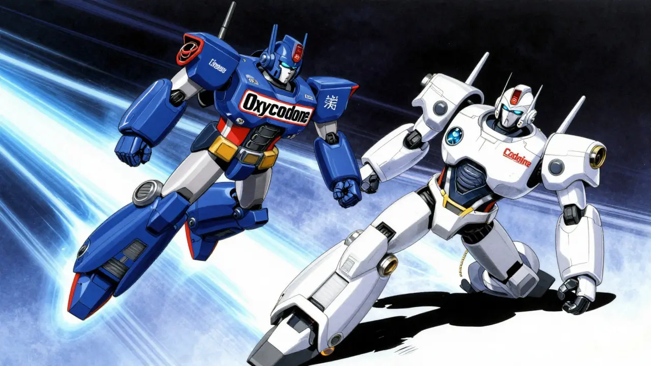 A blue Oxycodone super robot flying past an immobilized Codeine robot in a dynamic rescue scene.
