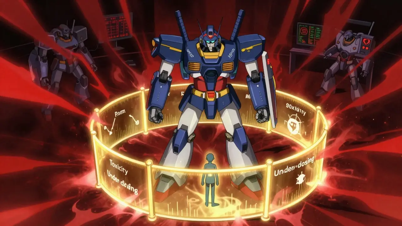 A guardian robot protecting a patient with a tight energy shield against toxicity waves in an anime style.