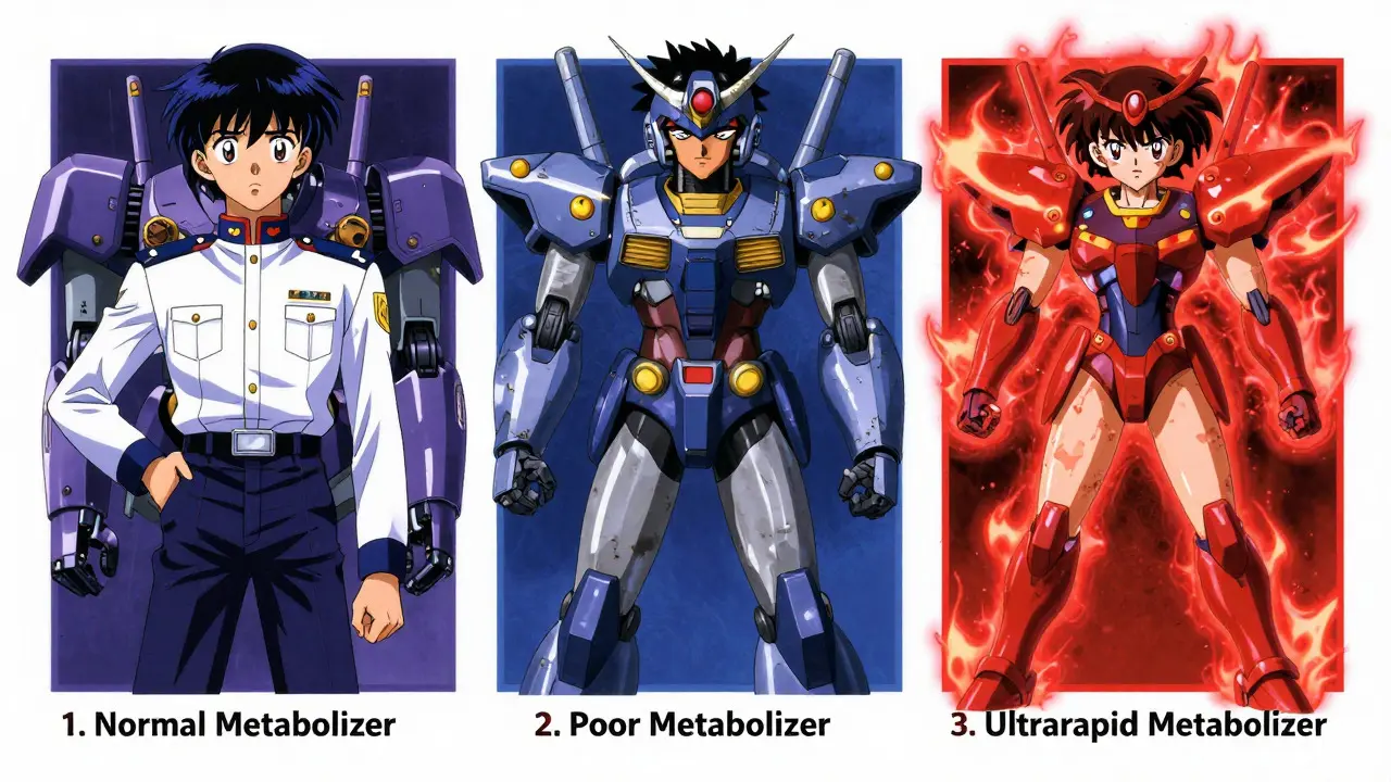 Character designs of three mecha pilots representing different drug metabolism states in super robot style.