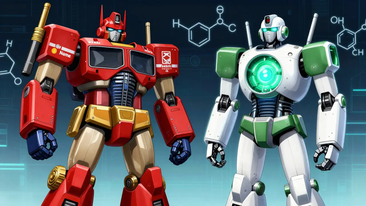 Comparison of branded vs generic robot highlighting same active ingredient