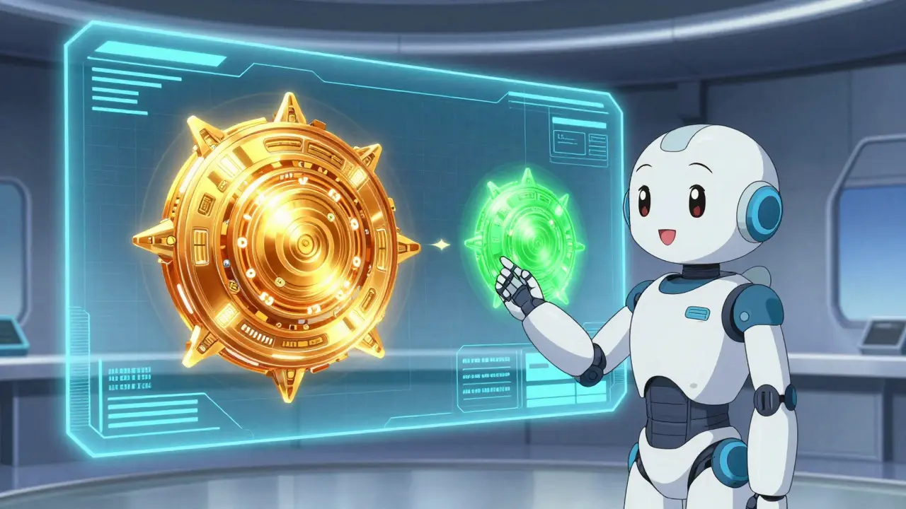 Friendly android showing a holographic comparison of generic vs brand medicine costs.