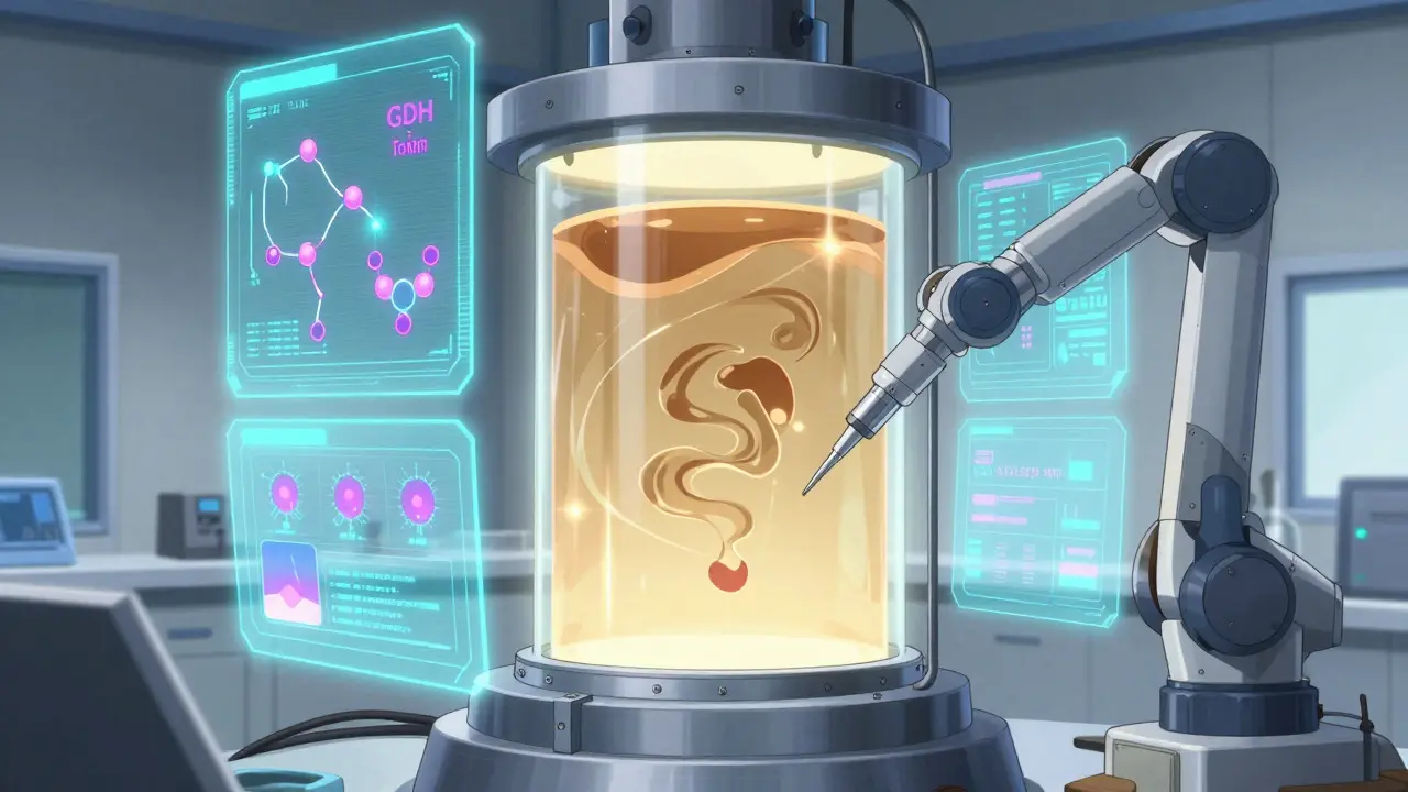 Futuristic lab scene analyzing stool samples for C. diff toxins