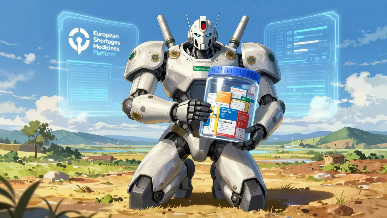 Giant mech bridging borders with medicine supply hologram