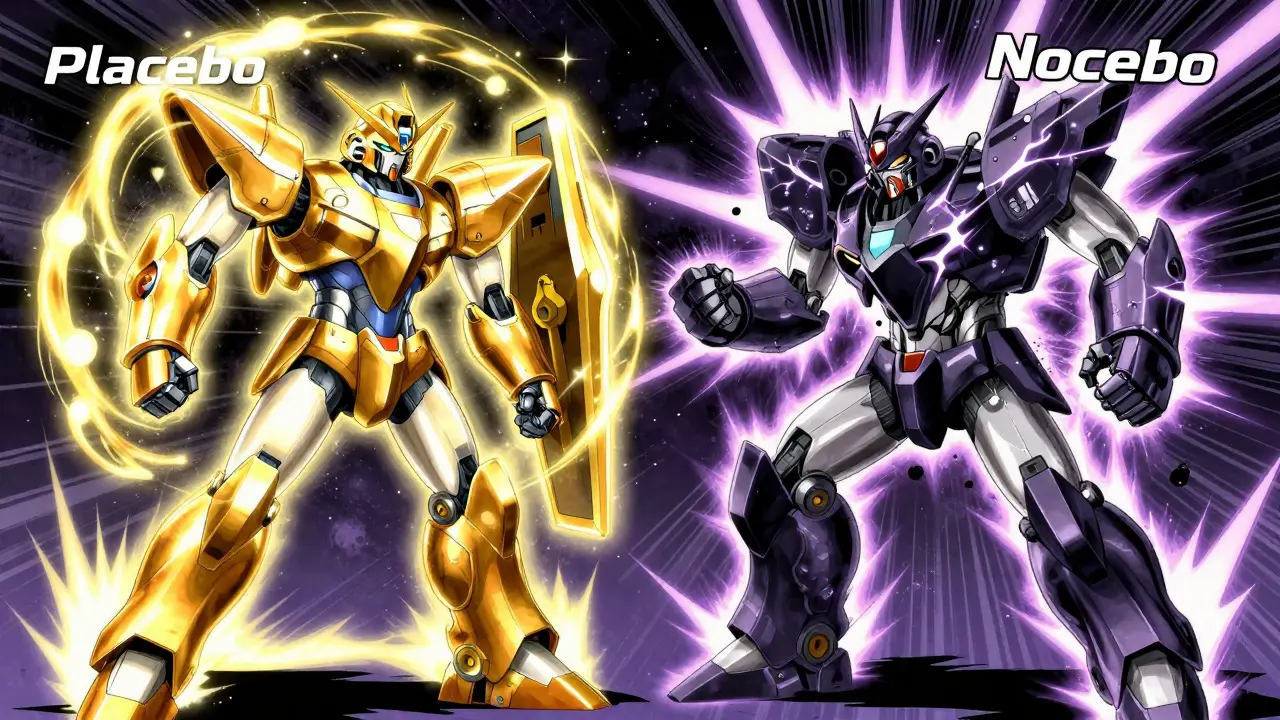 Golden Placebo robot vs dark Nocebo robot battling in space with energy blasts