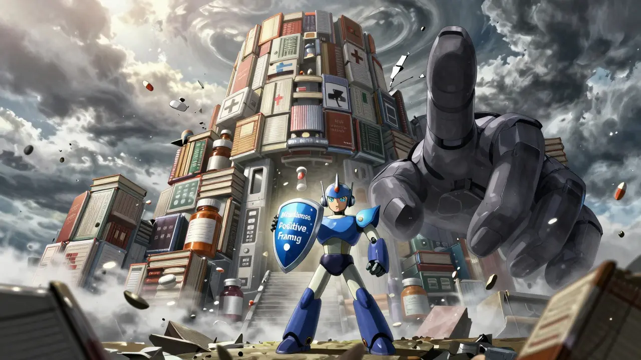 Hero robot shielding against crumbling medical fortress under stormy skies