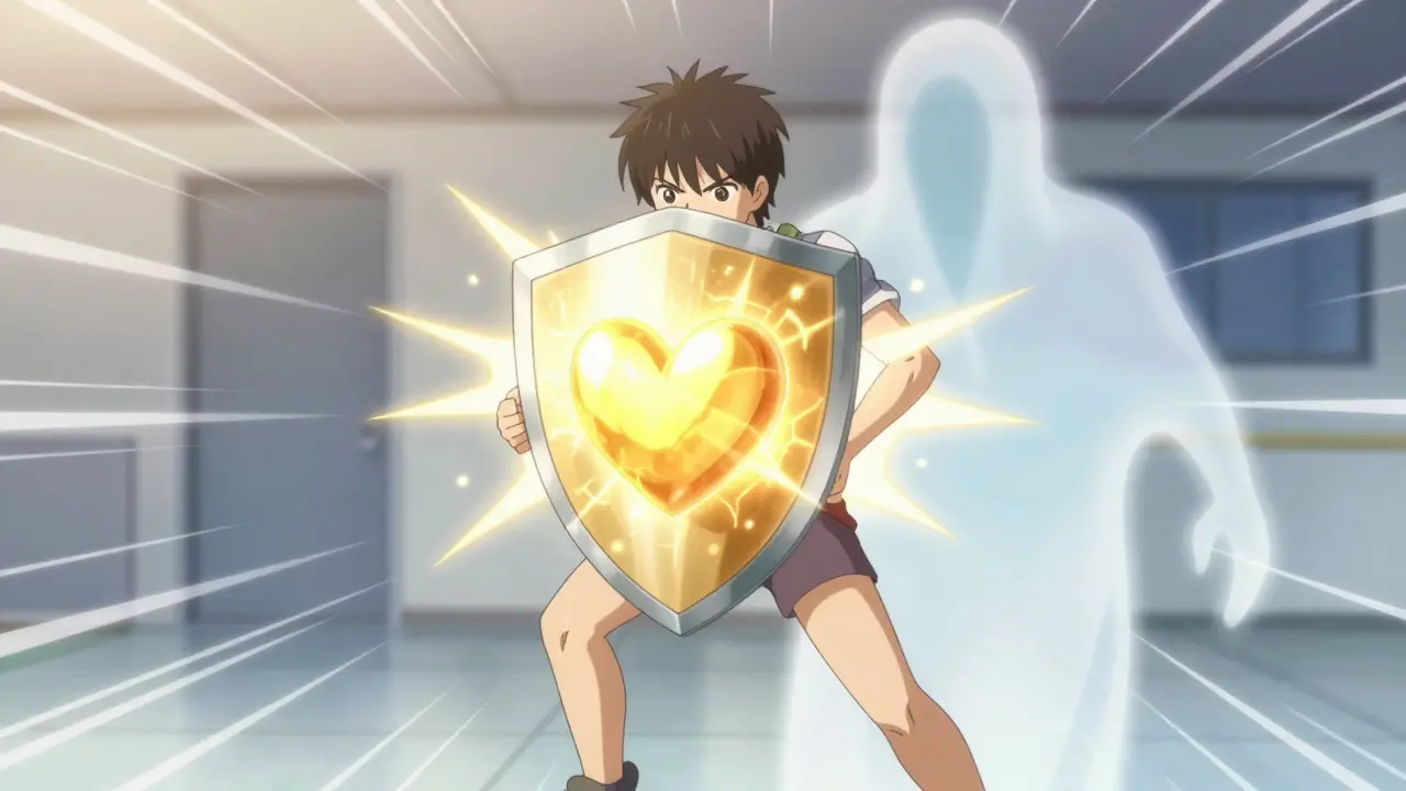 Heroic anime character protected by golden heart shield from disease