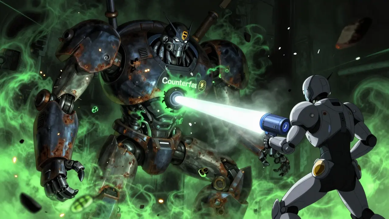 Heroic robot destroys counterfeit drug villain with safety beam