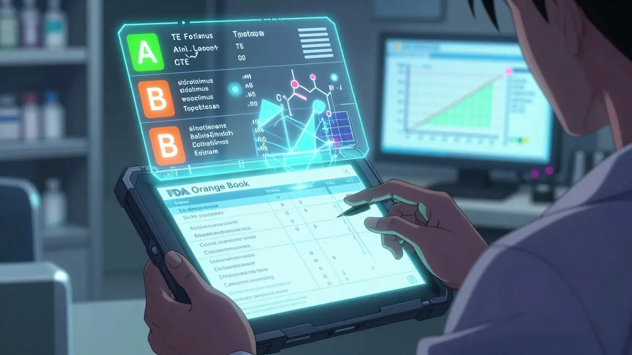 Holographic display of FDA TE codes and chemical formulas floating above a futuristic medical interface.