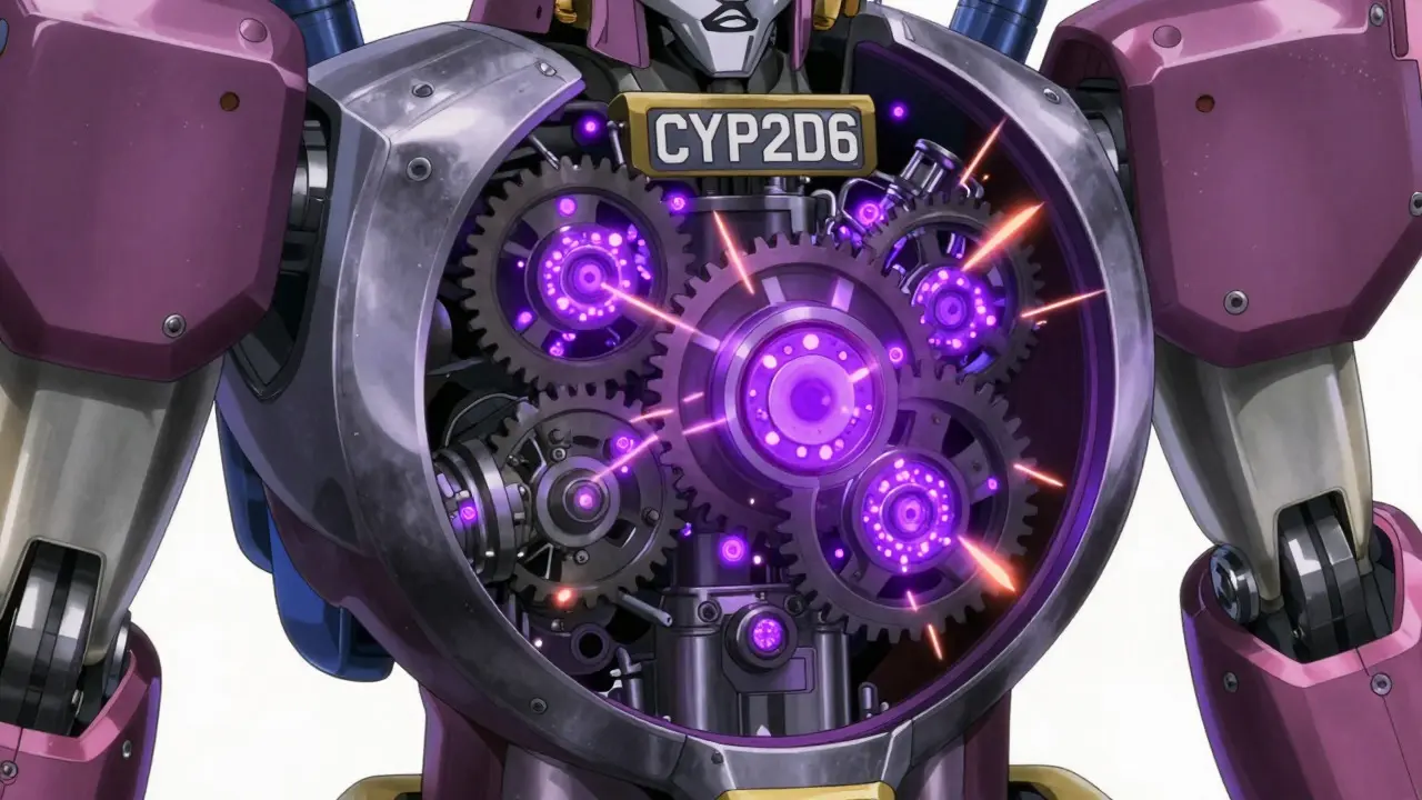 Internal view of a CYP2D6 engine jammed by purple inhibitor particles in a super robot style.