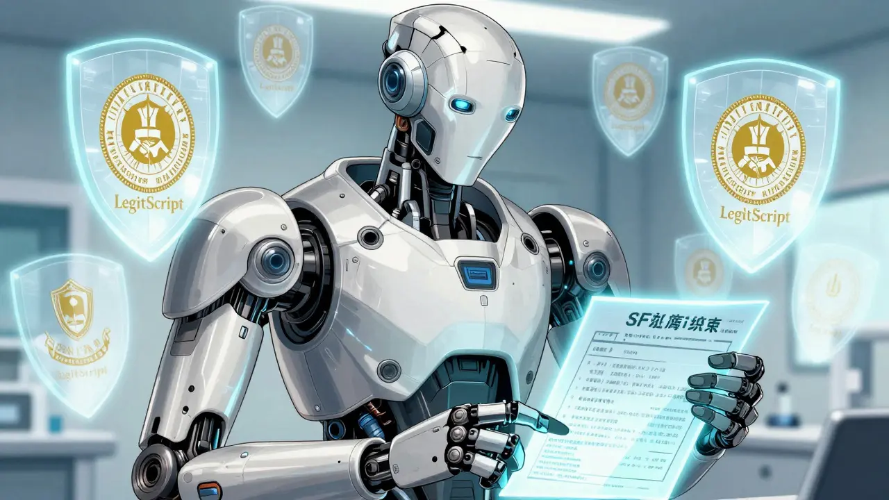 Medical droid verifying prescription with glowing accreditation shields