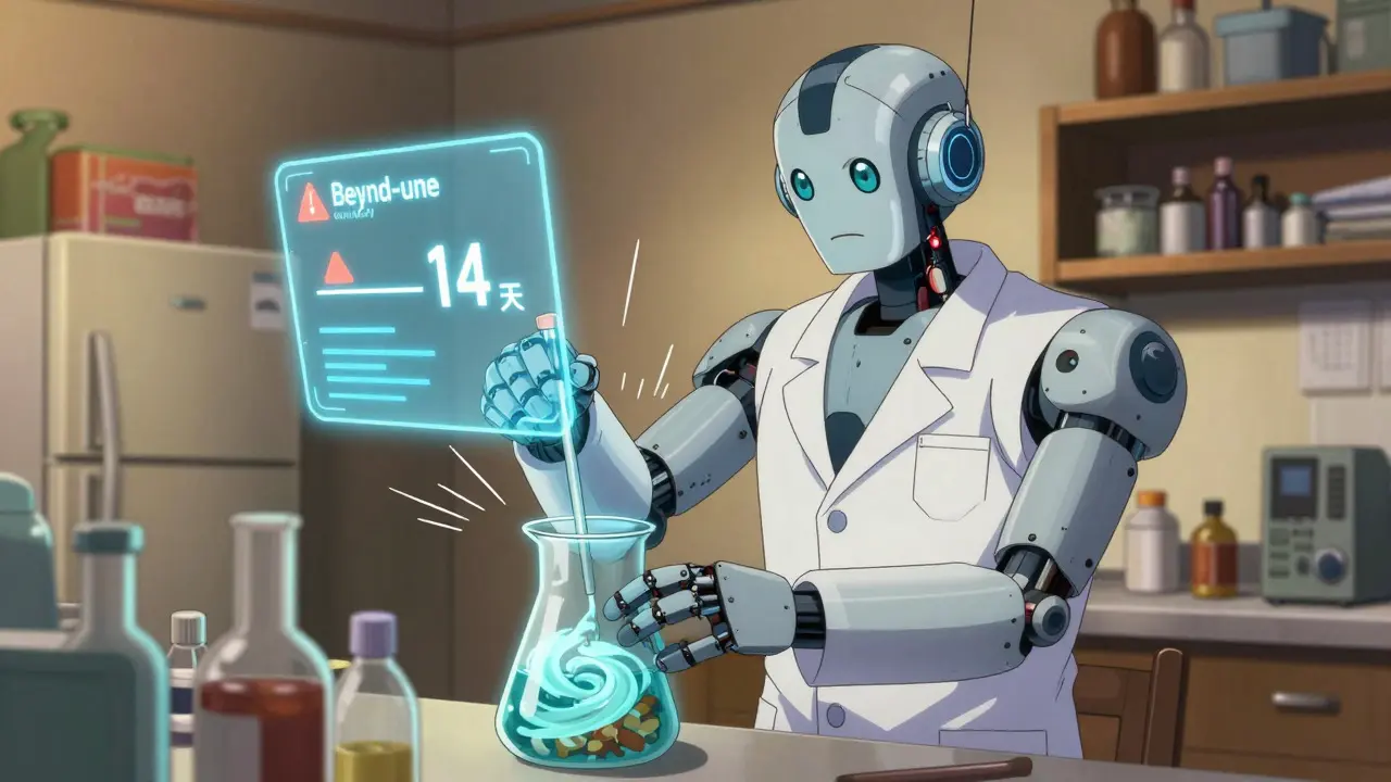 Pharmacist robot mixing liquid medicine with short-term warning hologram