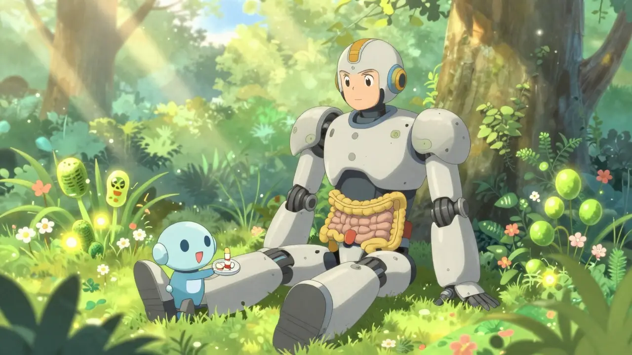 Recovery scene with robot in garden symbolizing healed microbiome