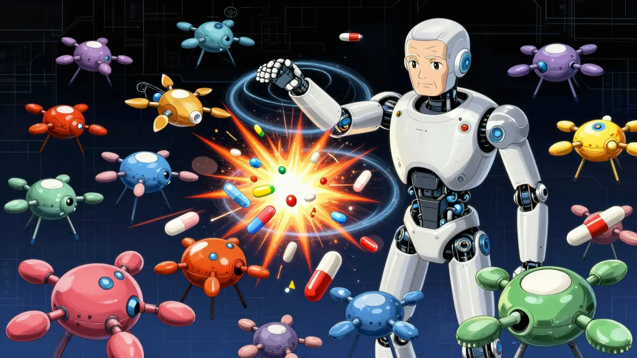 Robot managing chaotic medication drones with AI assistance