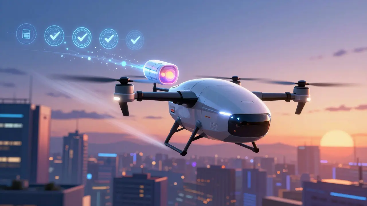 Sleek delivery drone carrying medication through a neon city with safety seals.