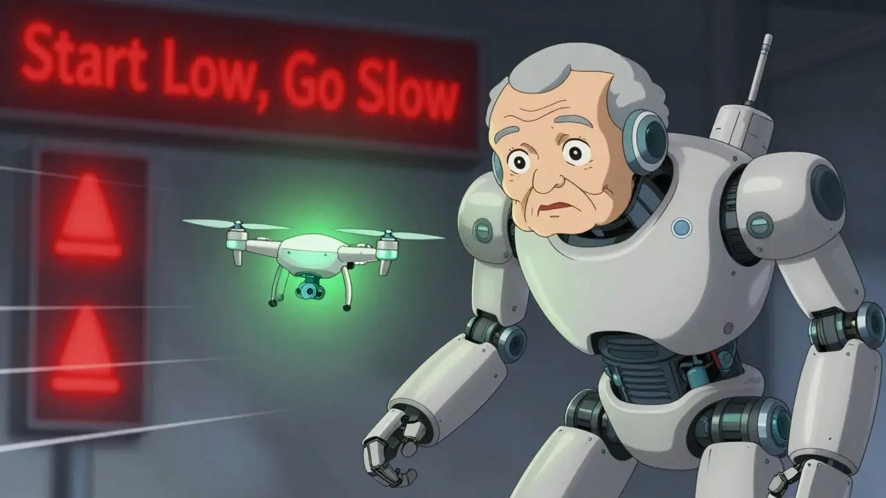 Small drone gently approaching a robot, illustrating start low go slow