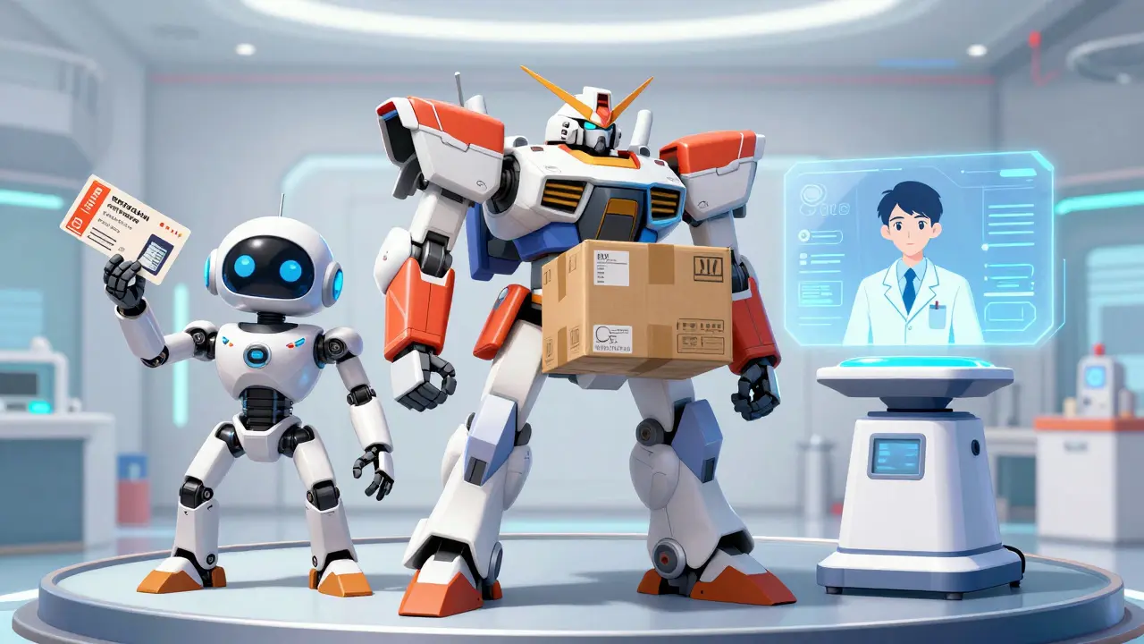 Three mecha bots representing coupons, delivery, and telehealth