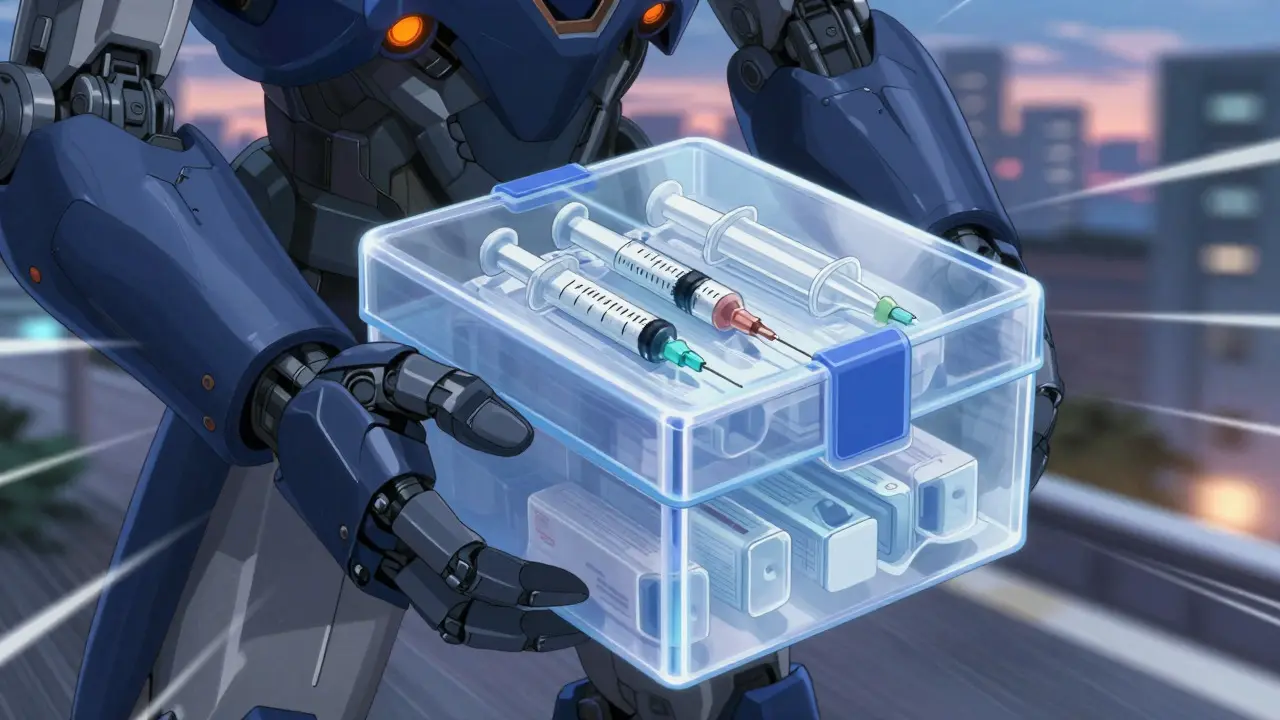 A giant armored robot hand holding an insulated box of syringes against a city backdrop