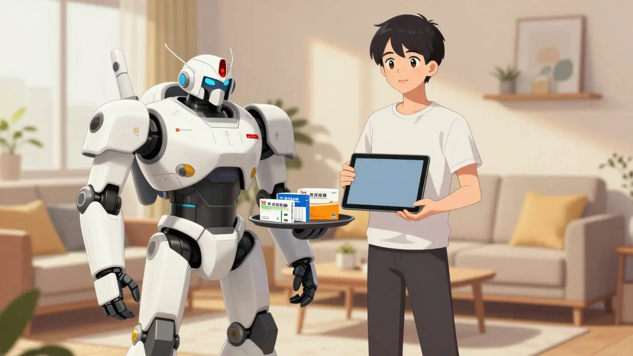 A person standing beside a compact home mecha receiving a package of medication