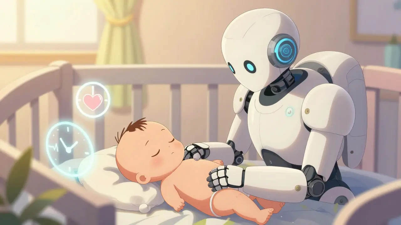 Baby mech sleeping safely under mother's watchful eye