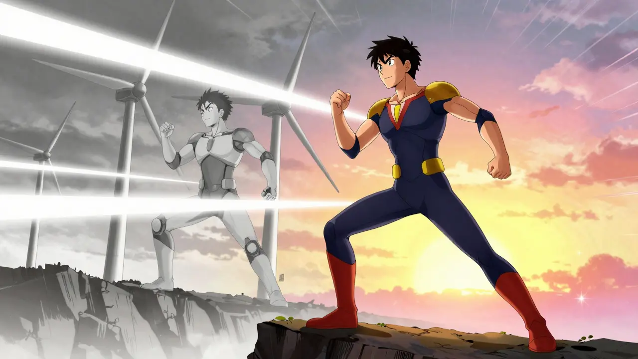 Character transforming from gray to vibrant colors on a cliff at sunrise