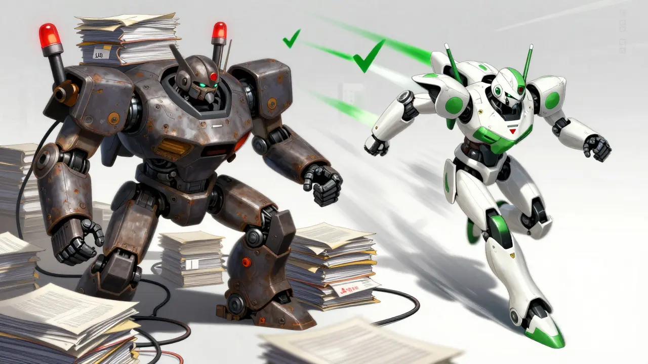 Contrast between a struggling heavy mech with paper piles and a fast agile robot in a digital space.