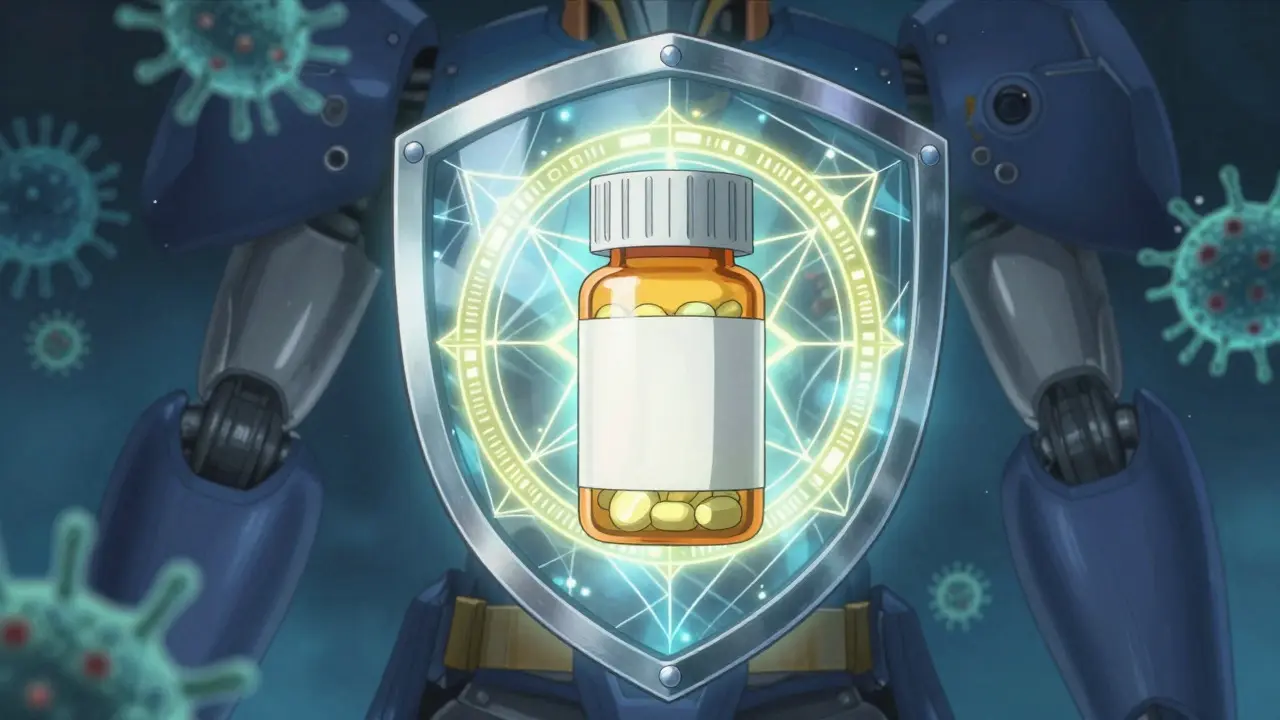 Energy shield protecting a pill bottle from bacteria in anime style