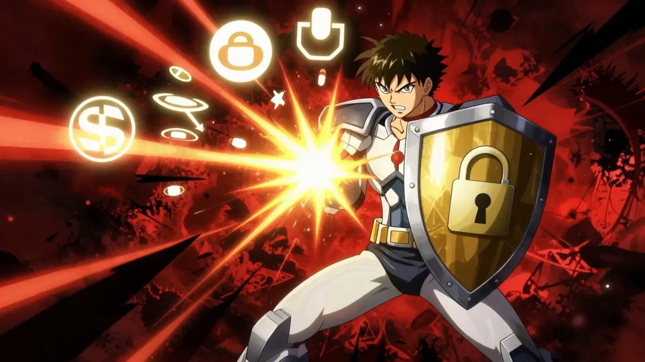 Hero blocking scam attacks with a security shield