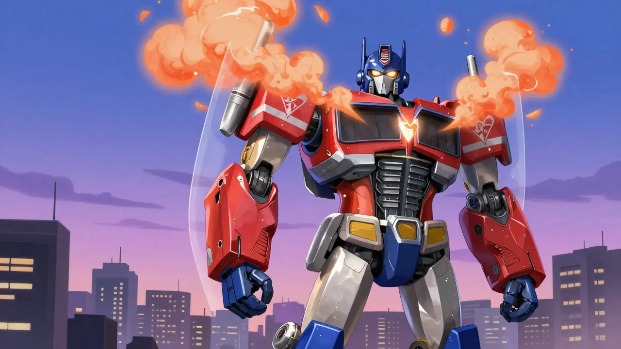 Heroic robot forming a shield against orange mist to protect a city