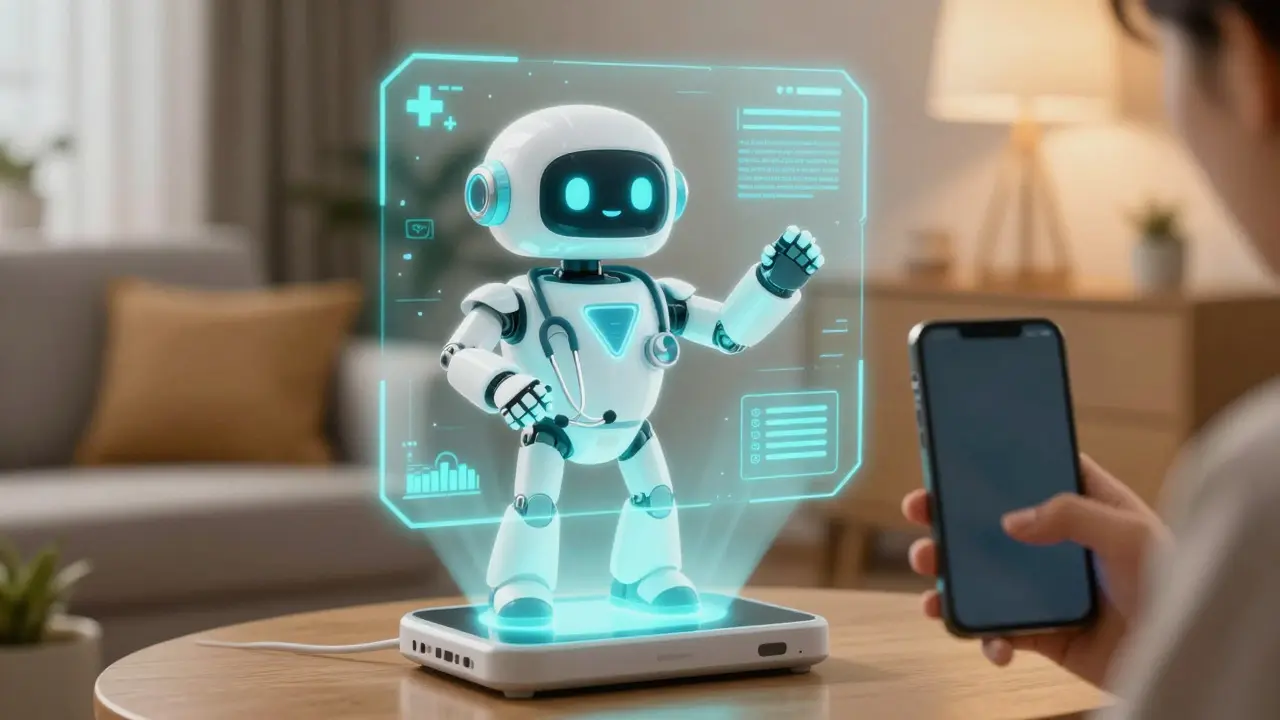 Holographic doctor avatar interacting with a user in a living room setting