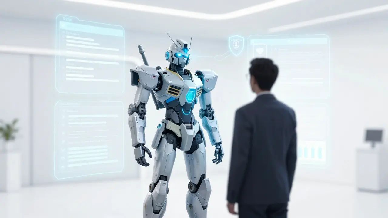 Holographic doctor reviewing patient data in digital space