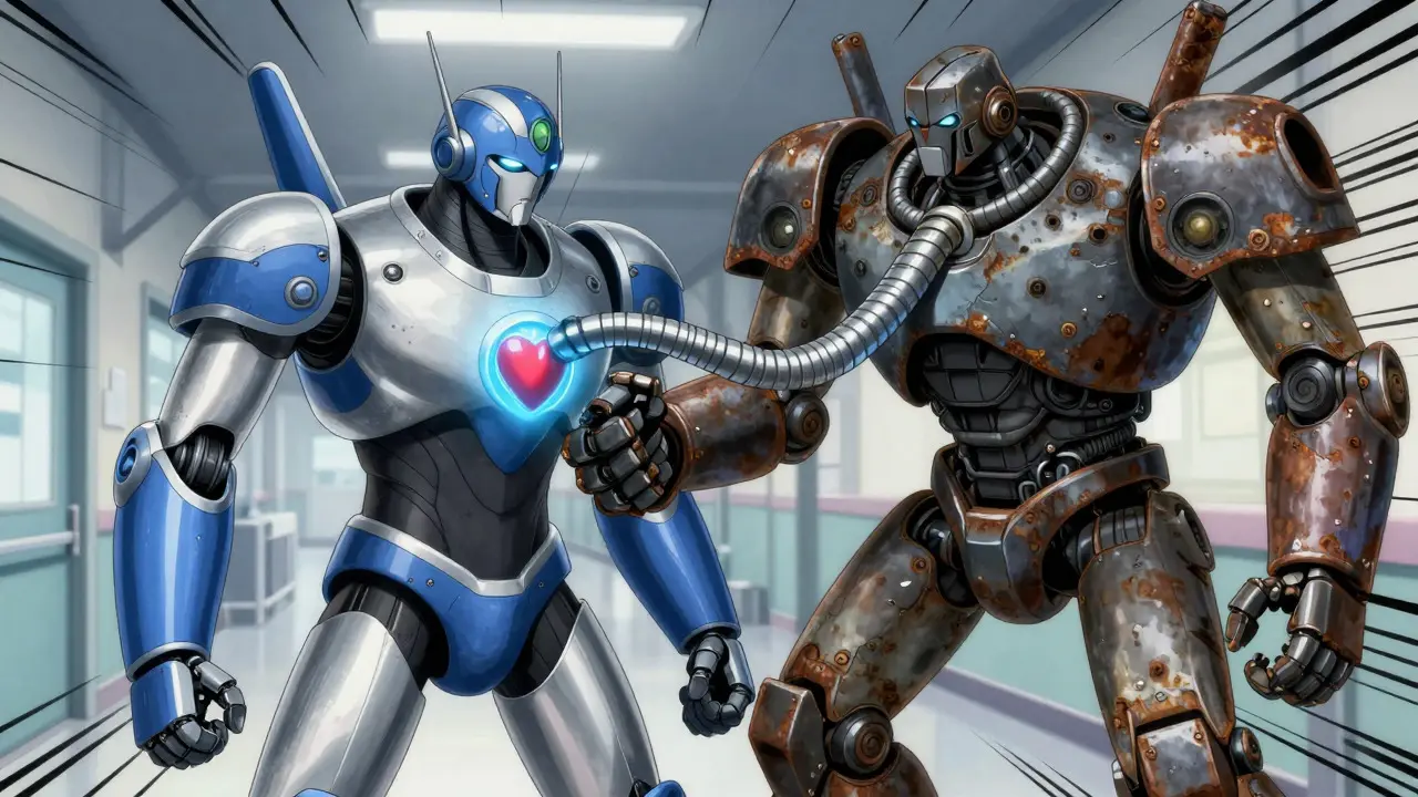 Mecha battle between safe and harmful beta-blocker robots