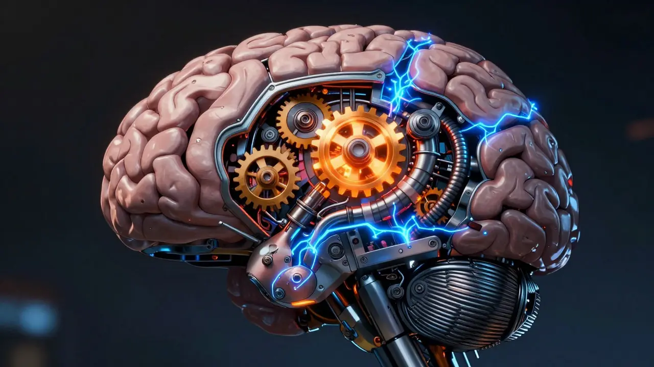 Mechanical brain core with slowing gears and weak electrical sparks