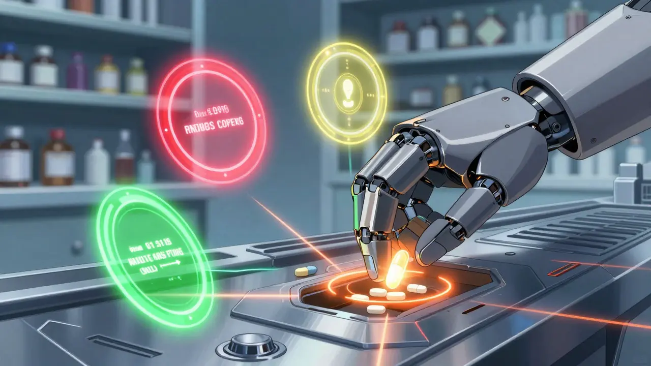 Mechanical hand placing a pill into a tech panel with holographic rings