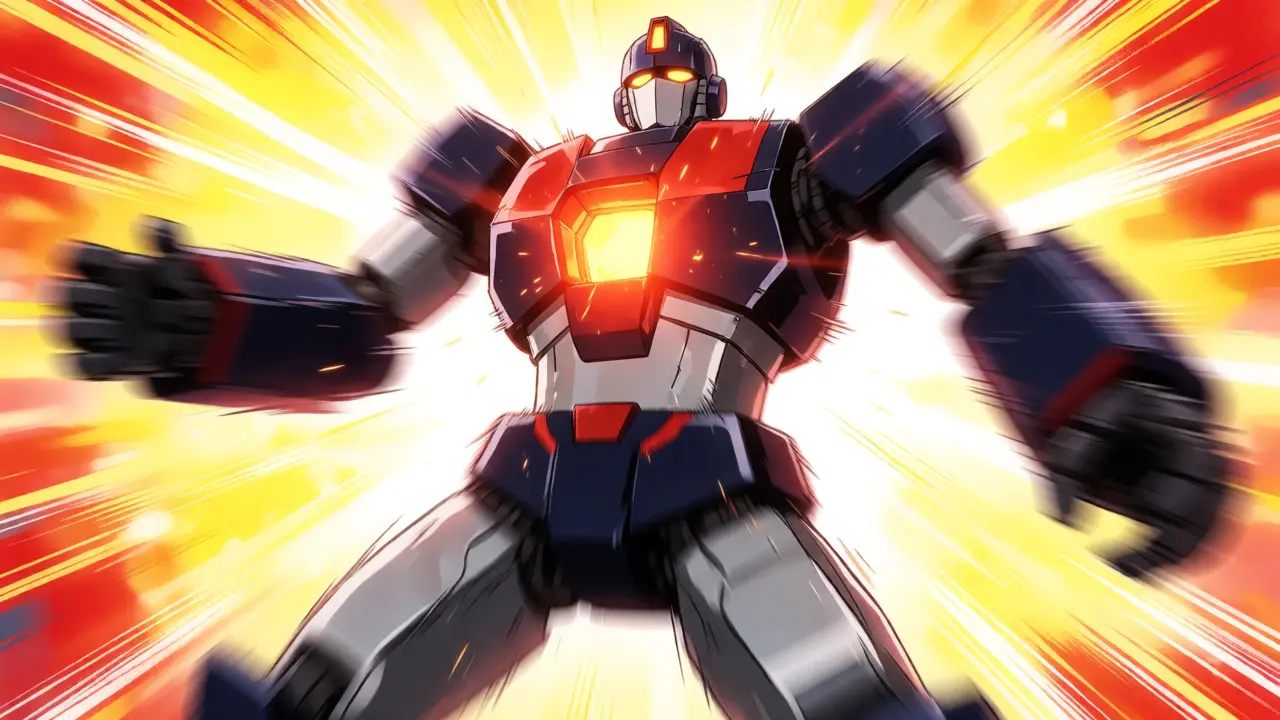 Overheating super robot emitting steam and sparks, symbolizing hyperthyroidism