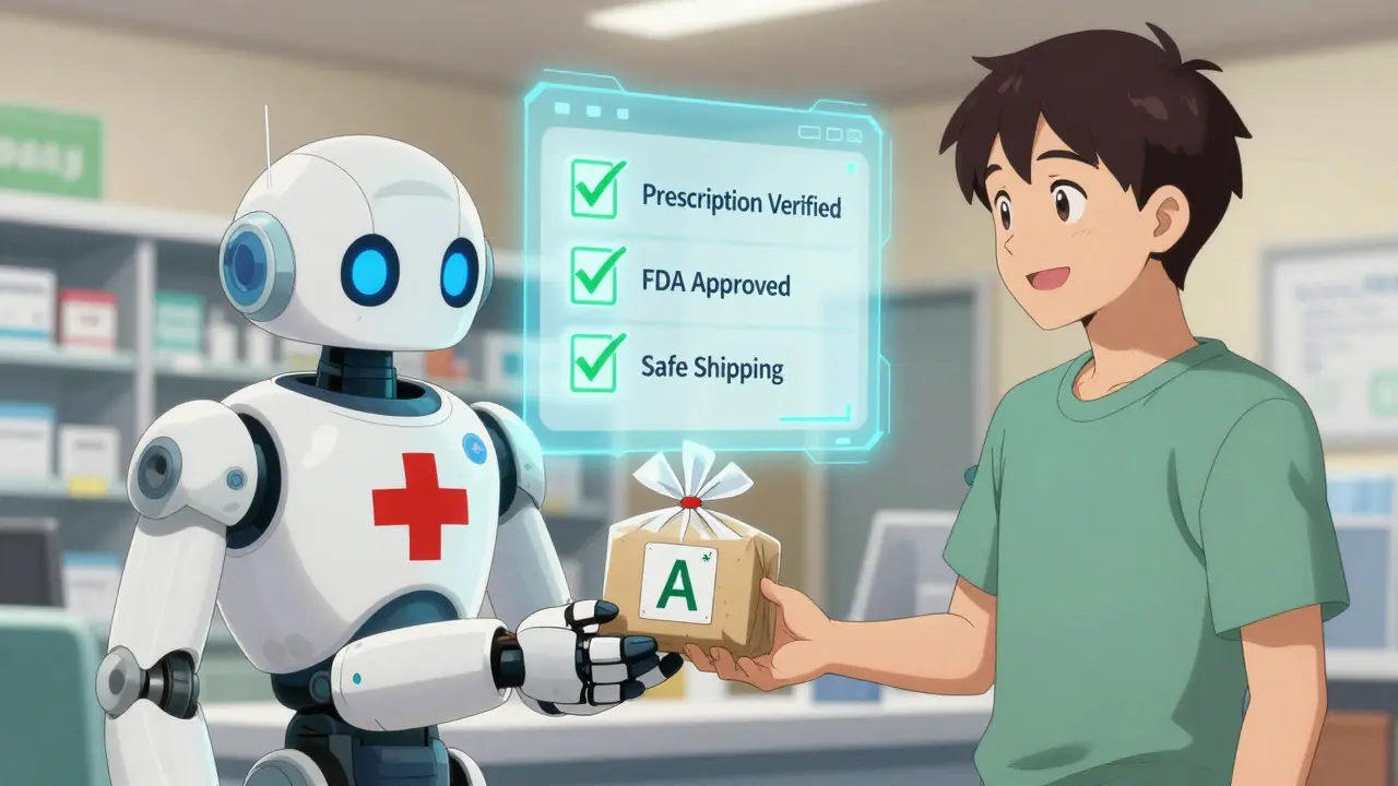 Pharmacist robot handing safe medication package to customer
