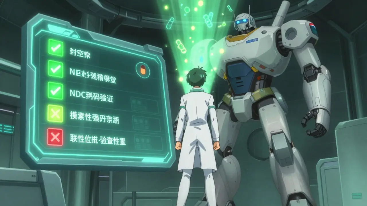 Pharmacist verifies medication safety using high-tech scanner and guardian robot.