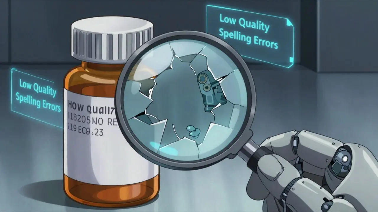 Robotic hand inspects fake medication packaging under magnification, revealing errors.