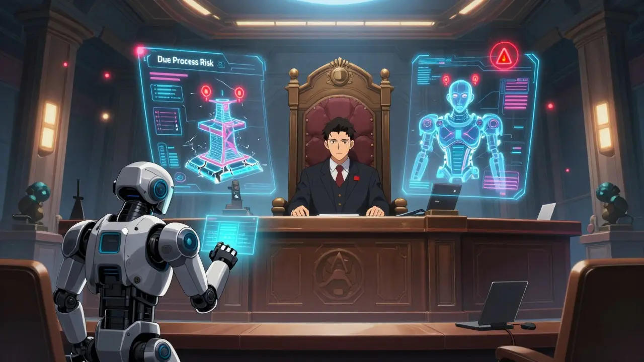 Robotic judge reviewing a holographic risk schematic in a high-tech courtroom arena.