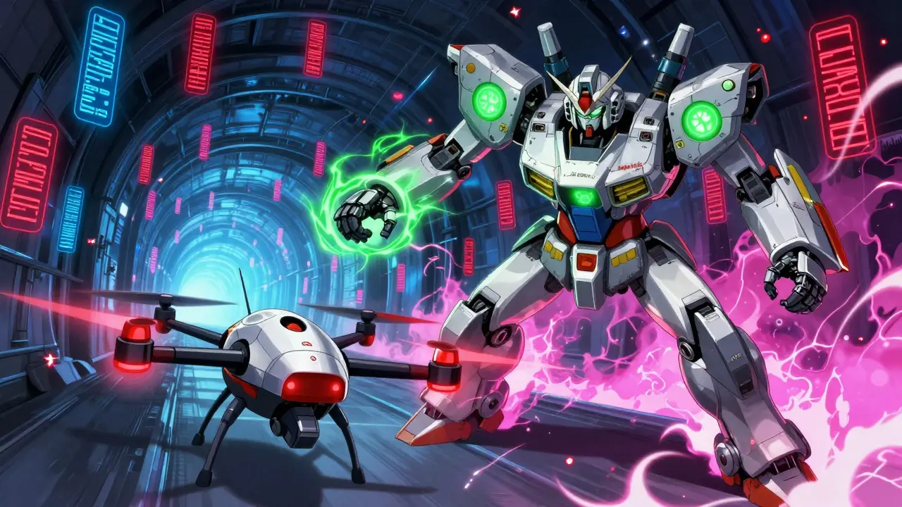 Two mechs representing safe and high-risk dosages navigating a data tunnel