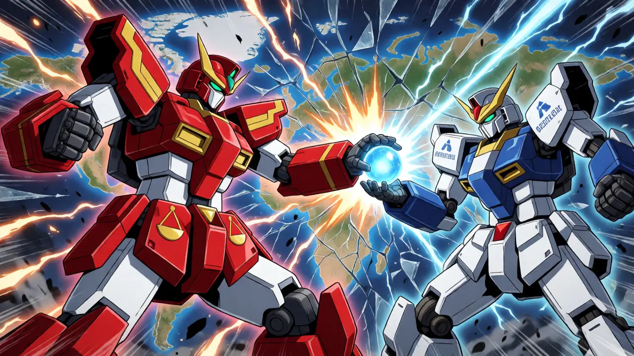 Government mecha takes patent orb from pharma robot in battle scene