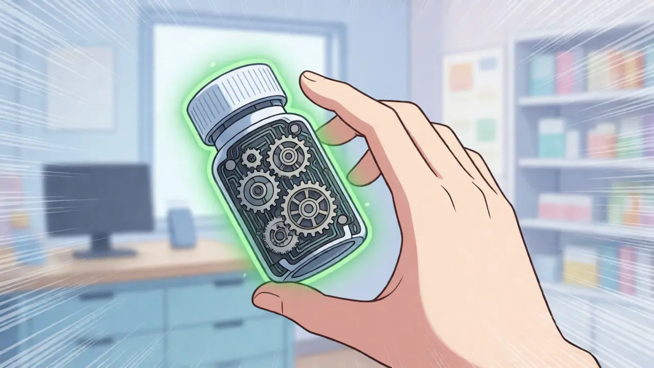 Hand catching a robotic medicine bottle with a safety glow in anime style.